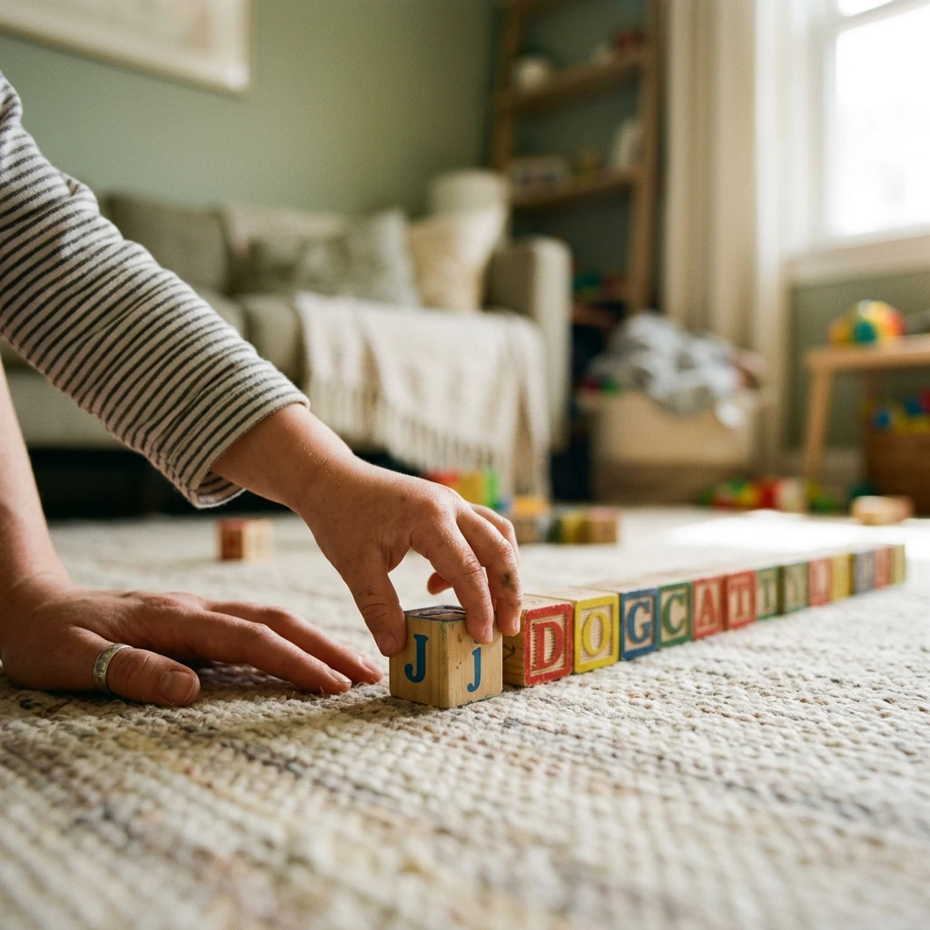 A child lining up wooden blocks