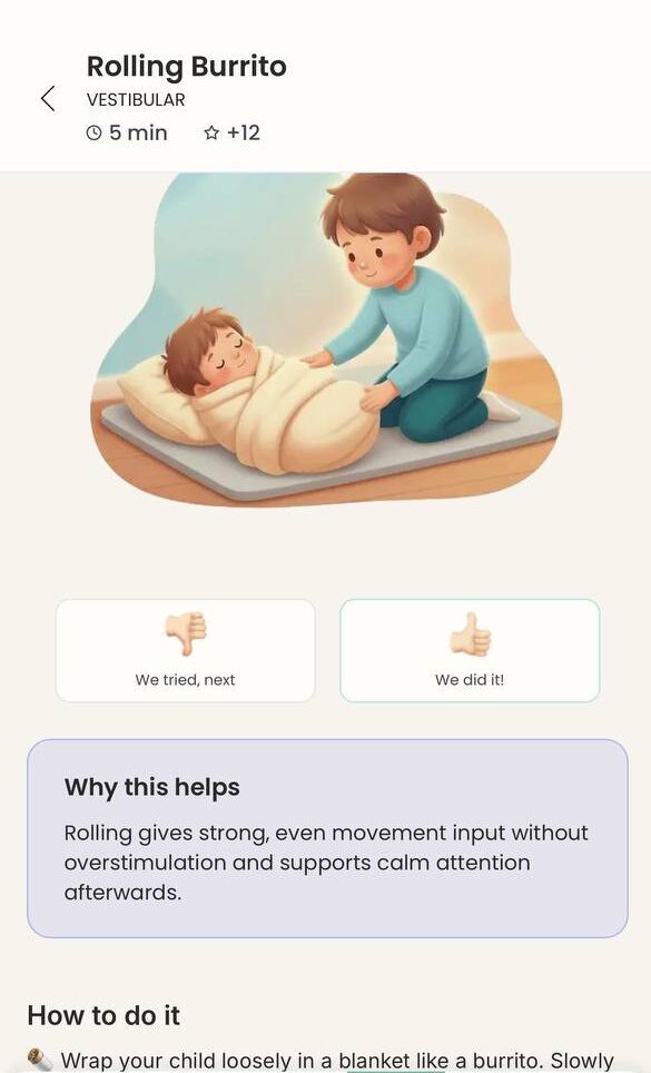 Dododo activity page with step-by-step guidance and feedback buttons