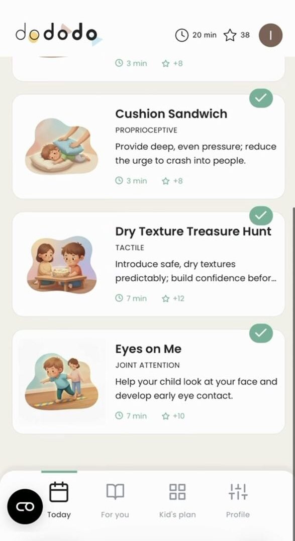 Dododo plan showing today's personalised activities