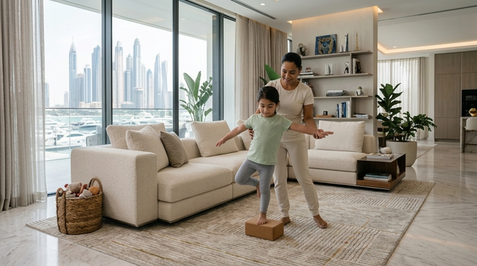 A nanny guiding a child through a playful balance activity at home