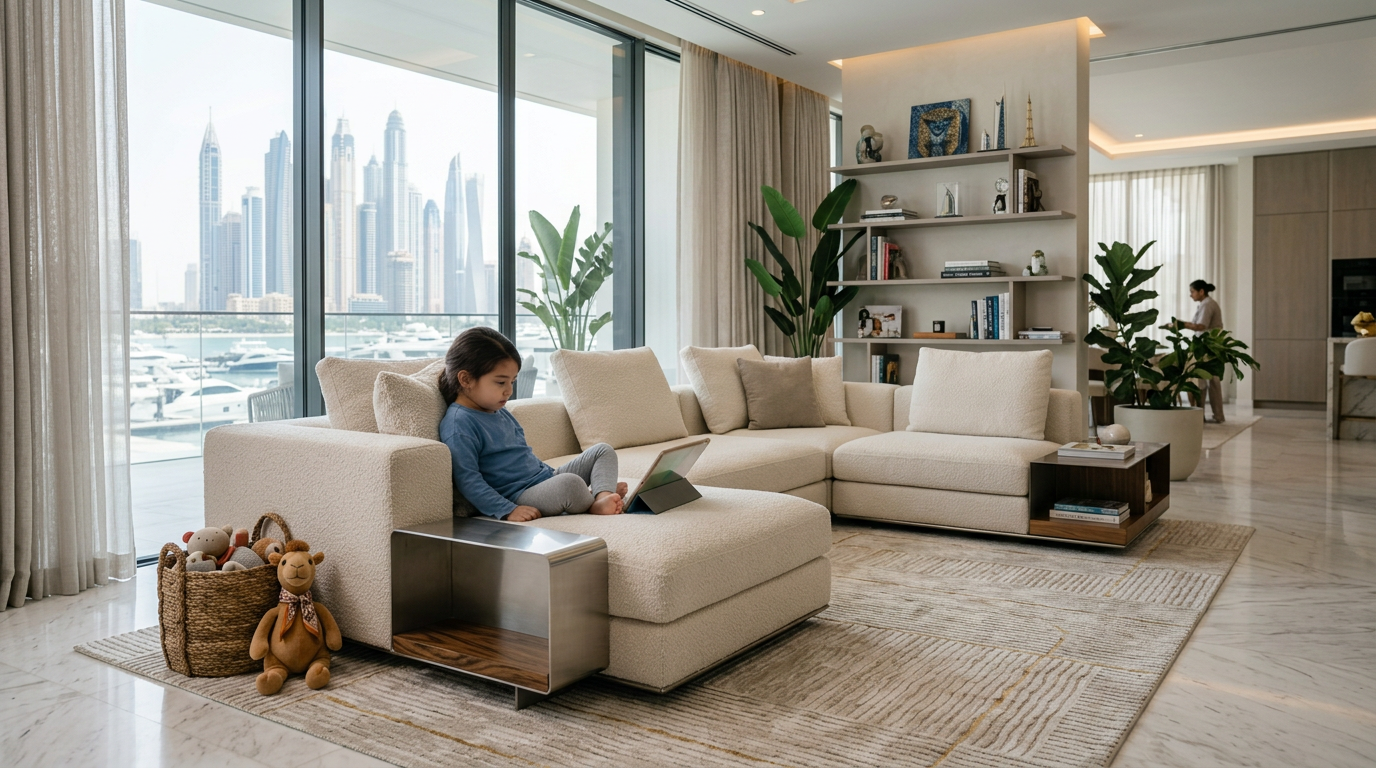 A child spending time alone with a tablet while the nanny is occupied elsewhere