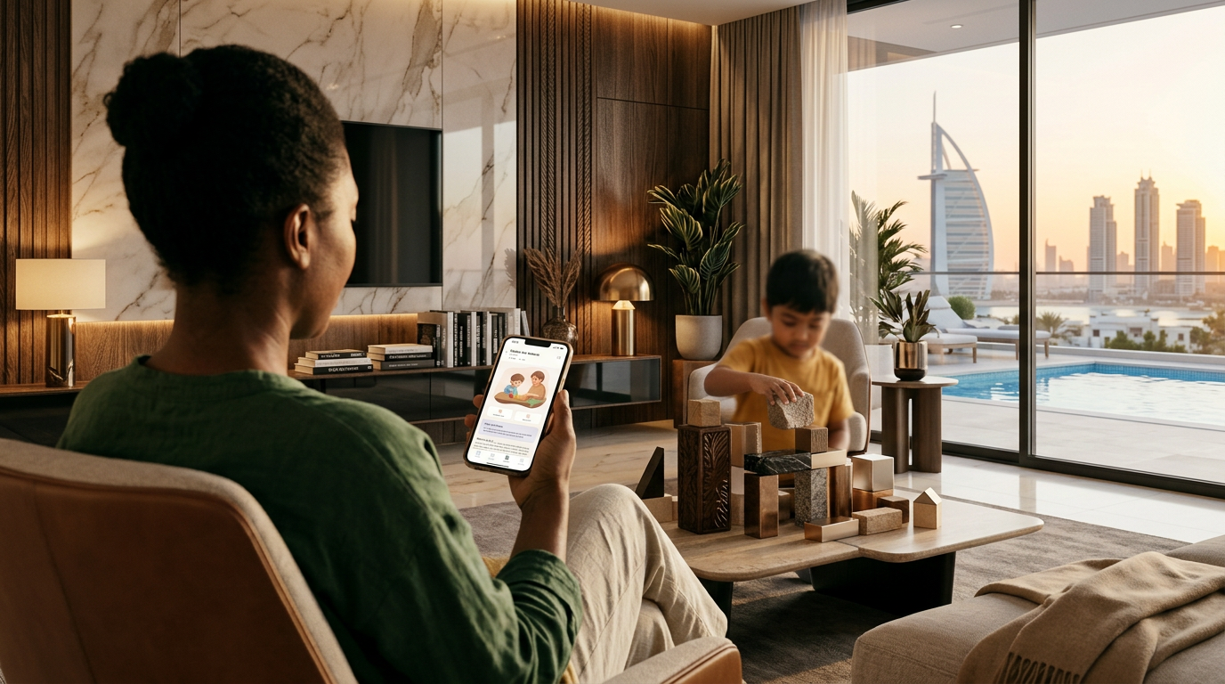 A nanny viewing a Dododo activity on her phone while a child plays nearby